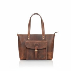 Vintage Genuine Leather Tote Bag with Buckle Detail – Brown